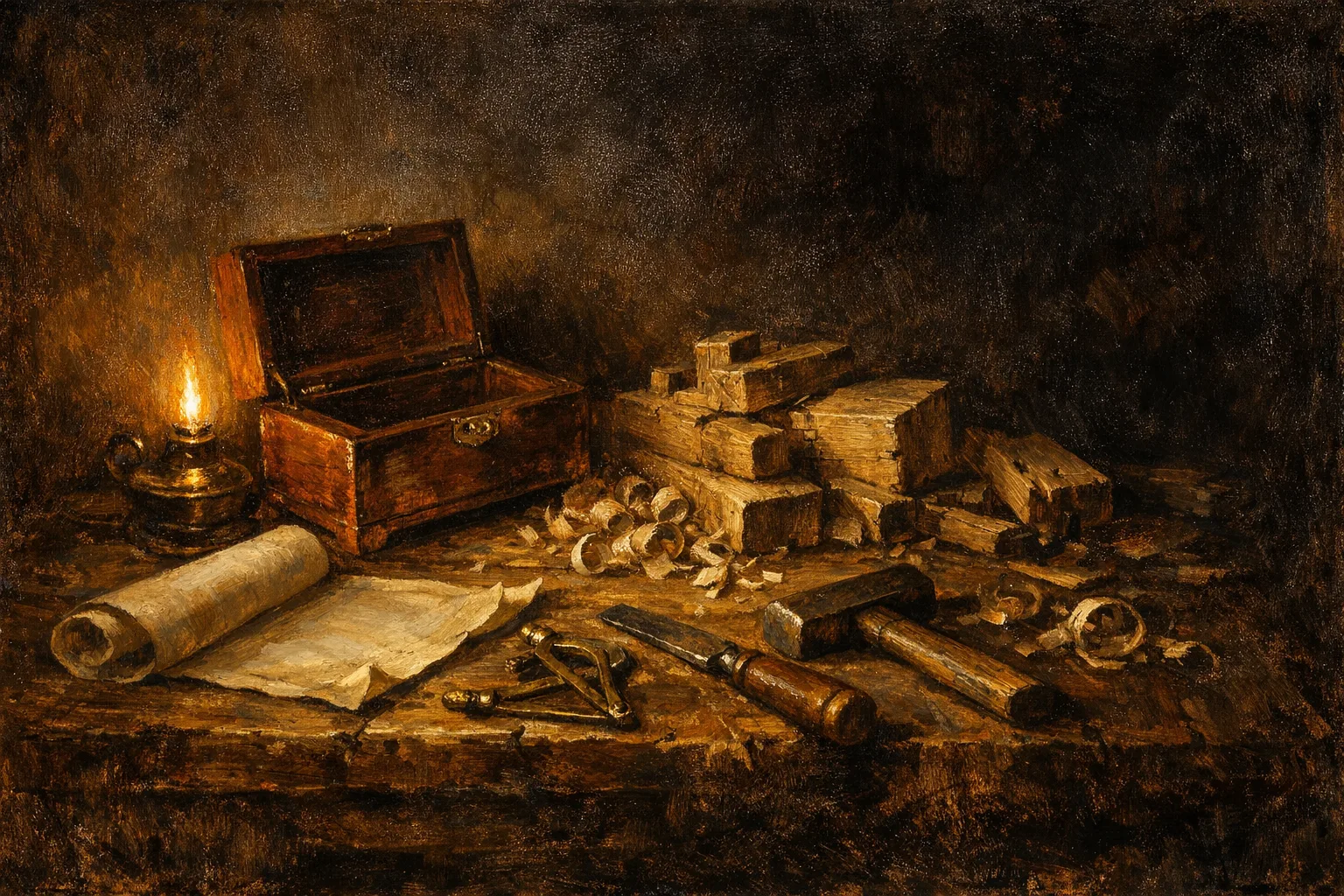 Baroque oil painting of a craftsman's workbench with one polished finished wooden box surrounded by rough unfinished pieces and scattered tools in dramatic Rembrandt candlelight