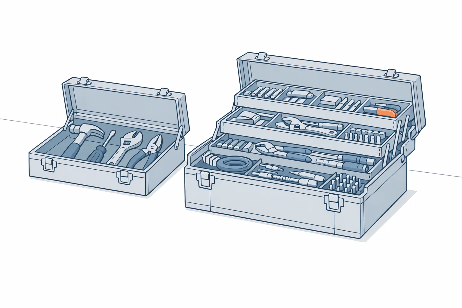 Illustration of two open toolboxes side by side on a workbench, one small and simple with a few basic tools, one larger with many specialized compartments and instruments, representing the feature difference between two email marketing platforms