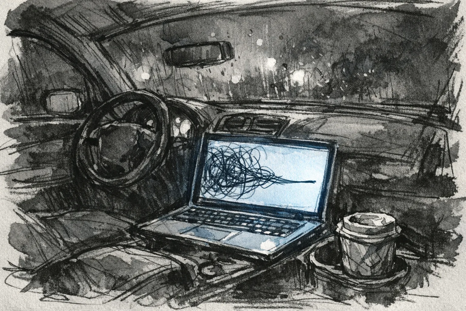 Expressive pencil and ink sketch of a laptop glowing on a car center console at night, casting blue light across the dark interior, with abstract lines on the screen converging into clarity