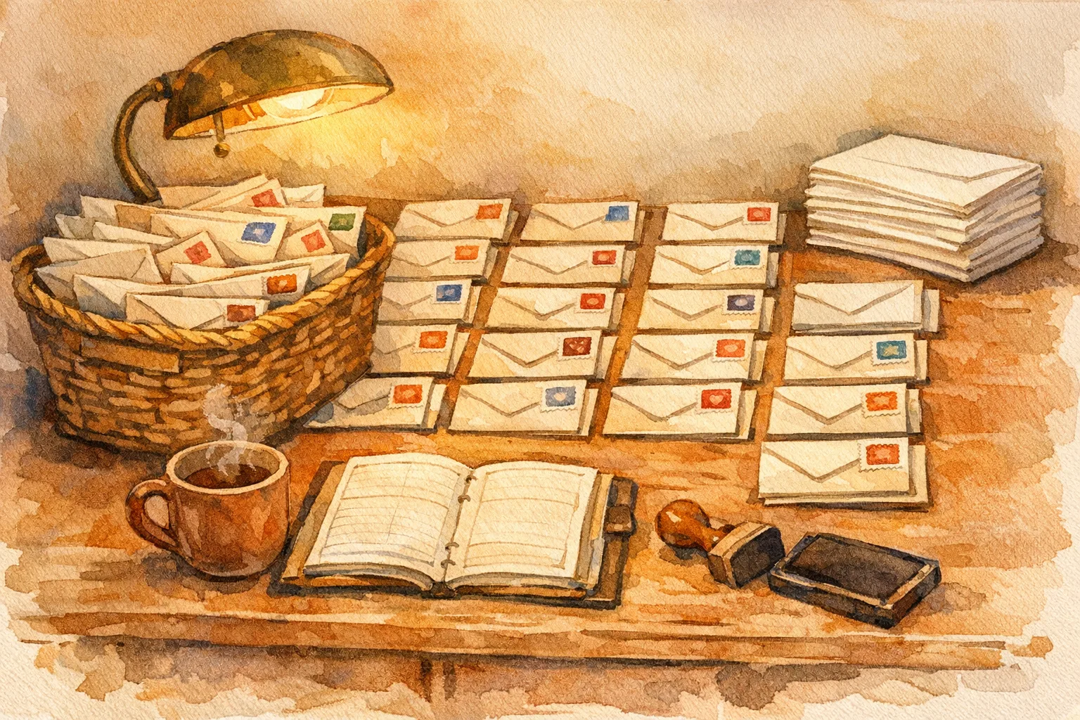 Watercolor illustration of a wooden desk with cold email envelopes arranged in the wrong order, outgoing mail overflowing while blank envelopes sit untouched in the back, warm amber lamp light, cozy but slightly off