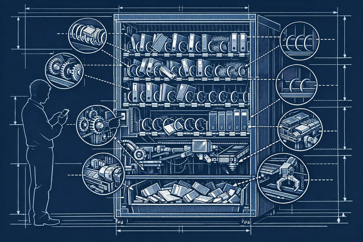Technical blueprint cross-section illustration of an industrial vending machine dispensing employee training materials, with jammed mechanisms, empty slots, and uncollected materials, while a figure ignores the machine and looks at a phone instead