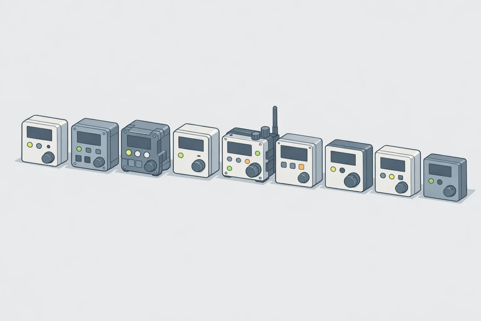 Illustration of a row of varied control panel devices arranged side by side, each with different build quality and design, representing the range of LinkedIn automation tools compared in this review