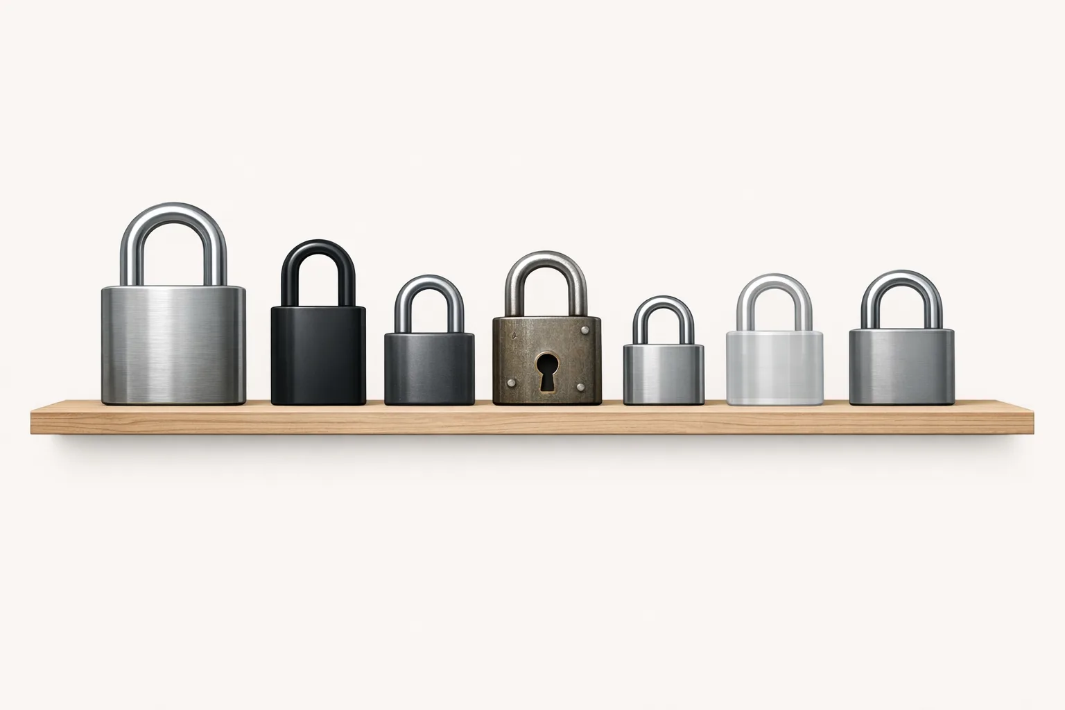 A row of seven different padlocks on a wooden shelf, each slightly different in size and finish, representing the variety of PDF editor software options available for business use