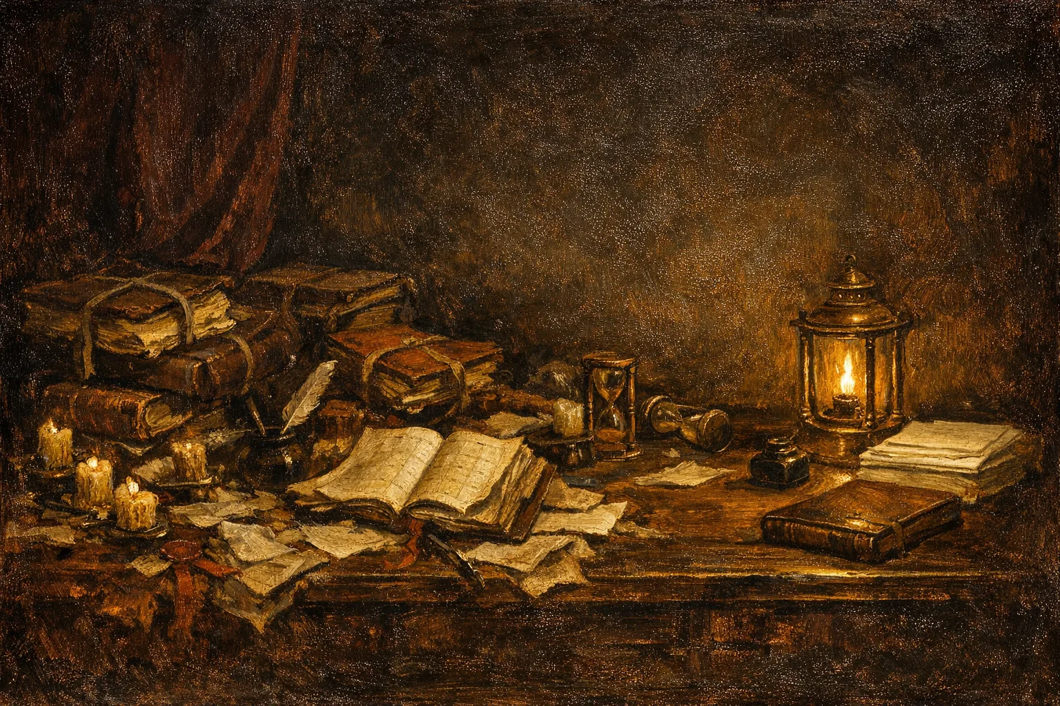 Baroque oil painting of a cluttered antique desk overwhelmed with binders and scattered papers in shadow, with one small organized corner illuminated by a warm brass lantern