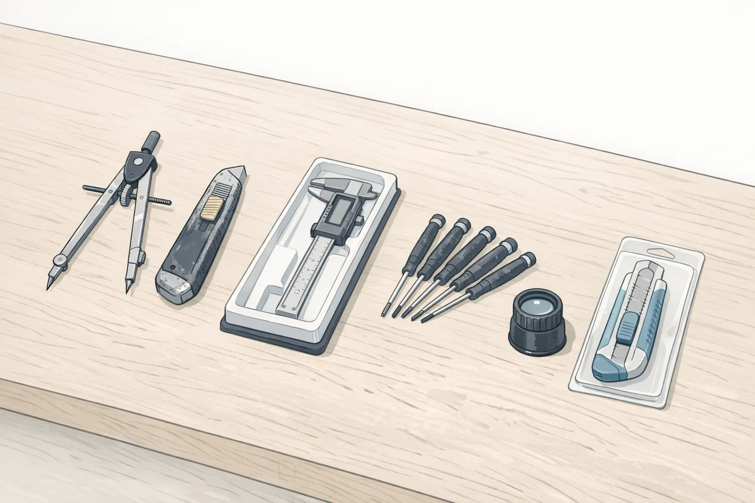 Illustration of six different hand tools laid out on a workbench, some showing heavy use and others barely touched, representing the process of testing and comparing professional tools