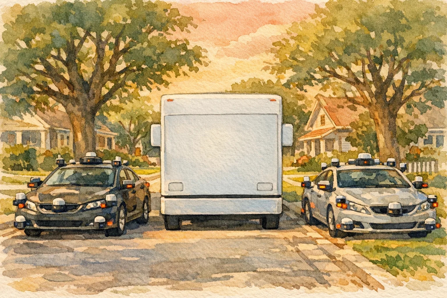 Watercolor illustration of a medium-duty electric delivery truck parked on a suburban street with no safety sensors or cameras, flanked by ordinary passenger cars covered in sensor pods and cameras, highlighting the technology gap in commercial vehicles