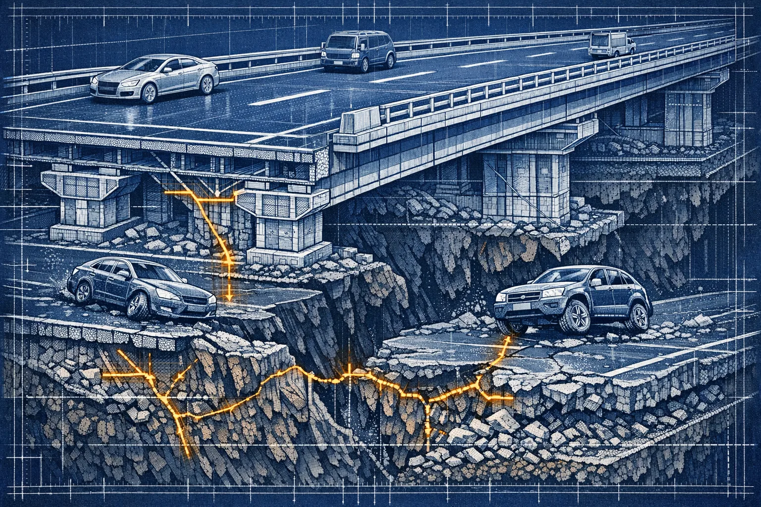 Technical blueprint cross-section illustration of a split-level highway showing a smooth elevated expressway with vehicles moving efficiently above a crumbling ground-level road with struggling vehicles, rendered in dense engineering diagram style with indigo and cyan linework