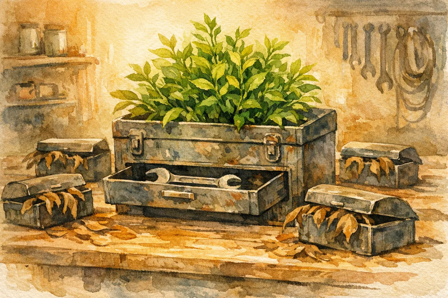 Watercolor illustration of a lush green plant growing vigorously out of an old metal toolbox on a workbench, while smaller wilted toolboxes with dying leaves sit around it, bathed in warm golden light