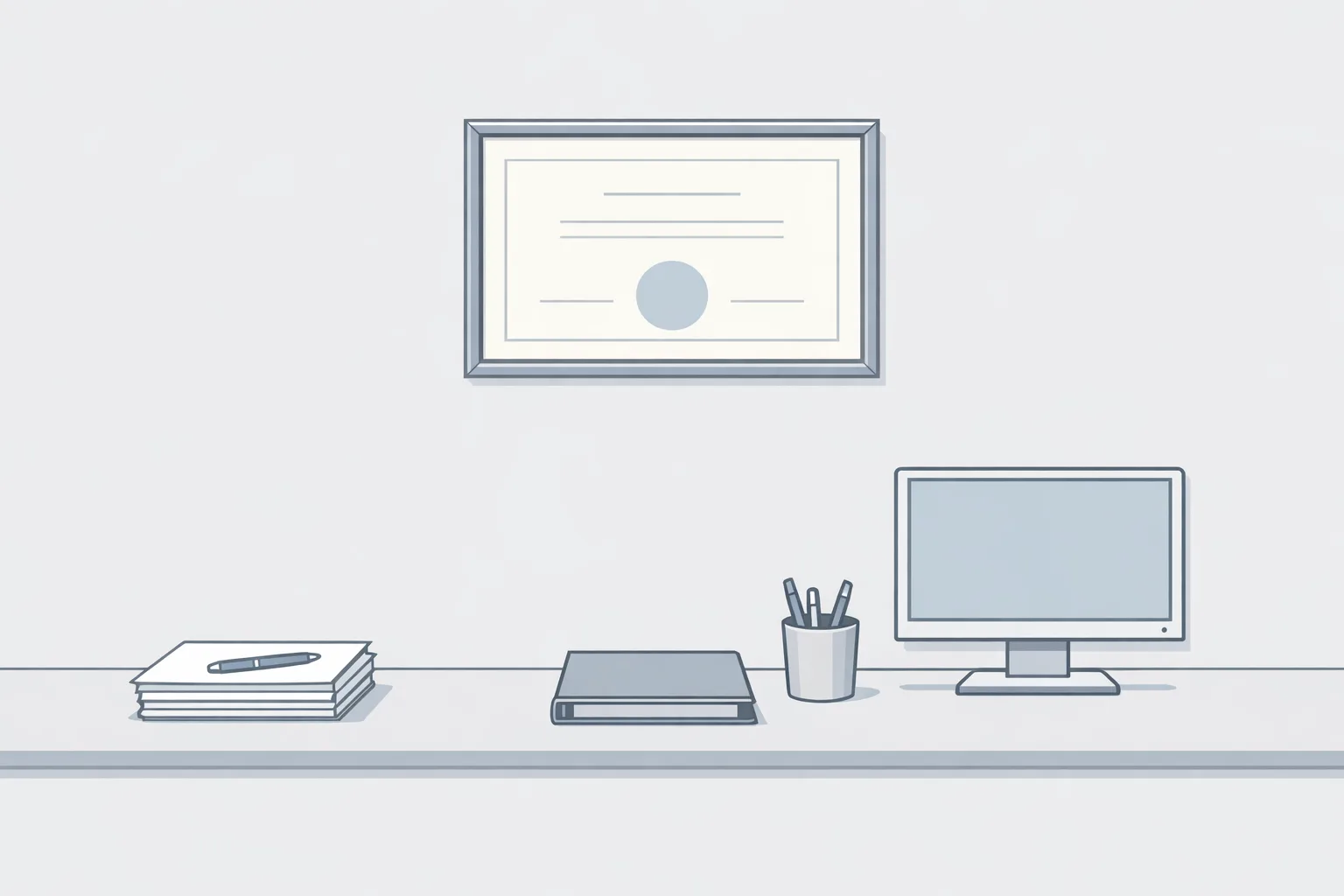 Illustration of a framed certificate hanging on a wall above an unchanged analog desk workspace, depicting the disconnect between formal credentials and actual workplace behavior