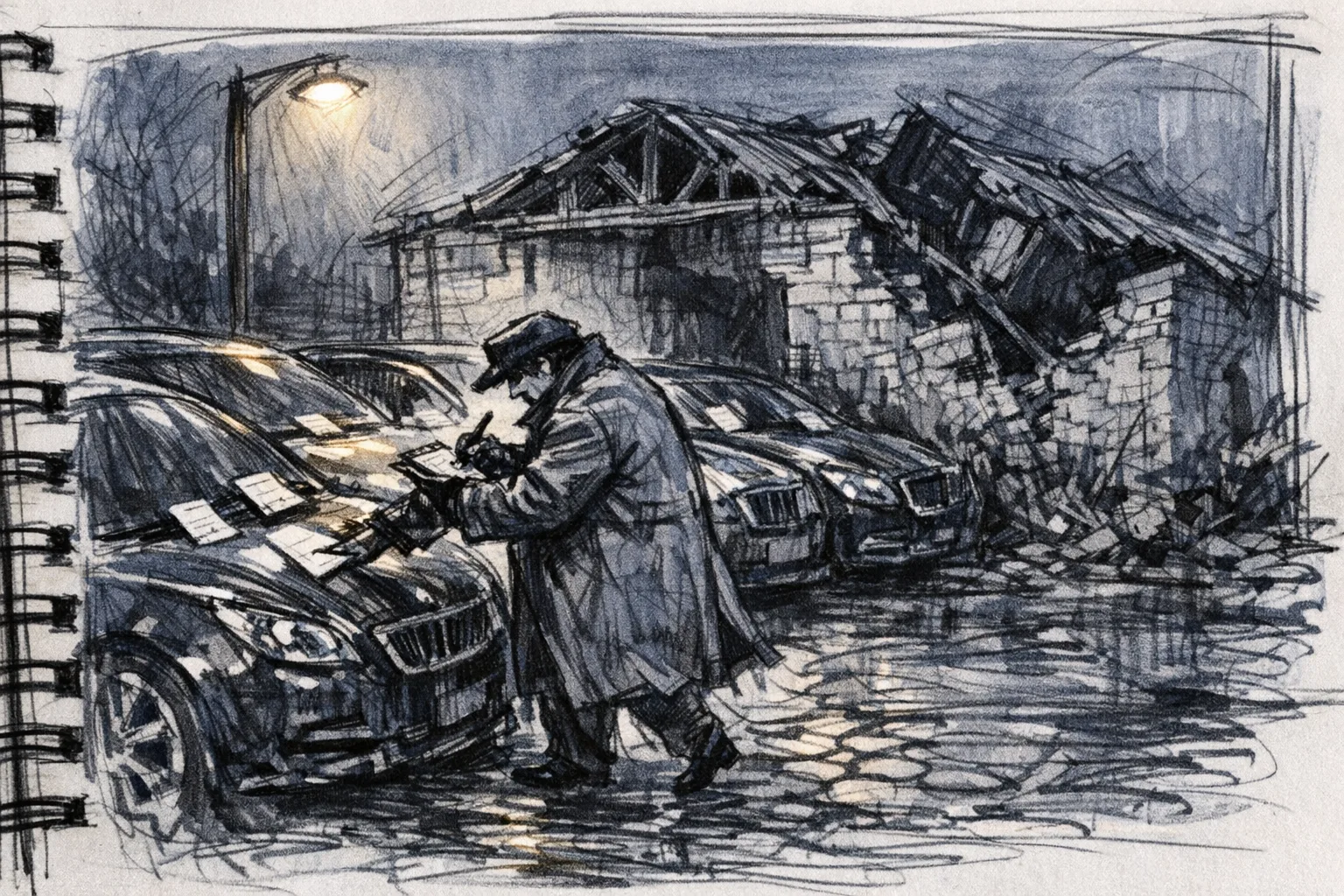 Expressive pencil and ink sketch of a figure writing tickets on foreign cars in a cobblestone lot while their own crumbling garage collapses unnoticed behind them