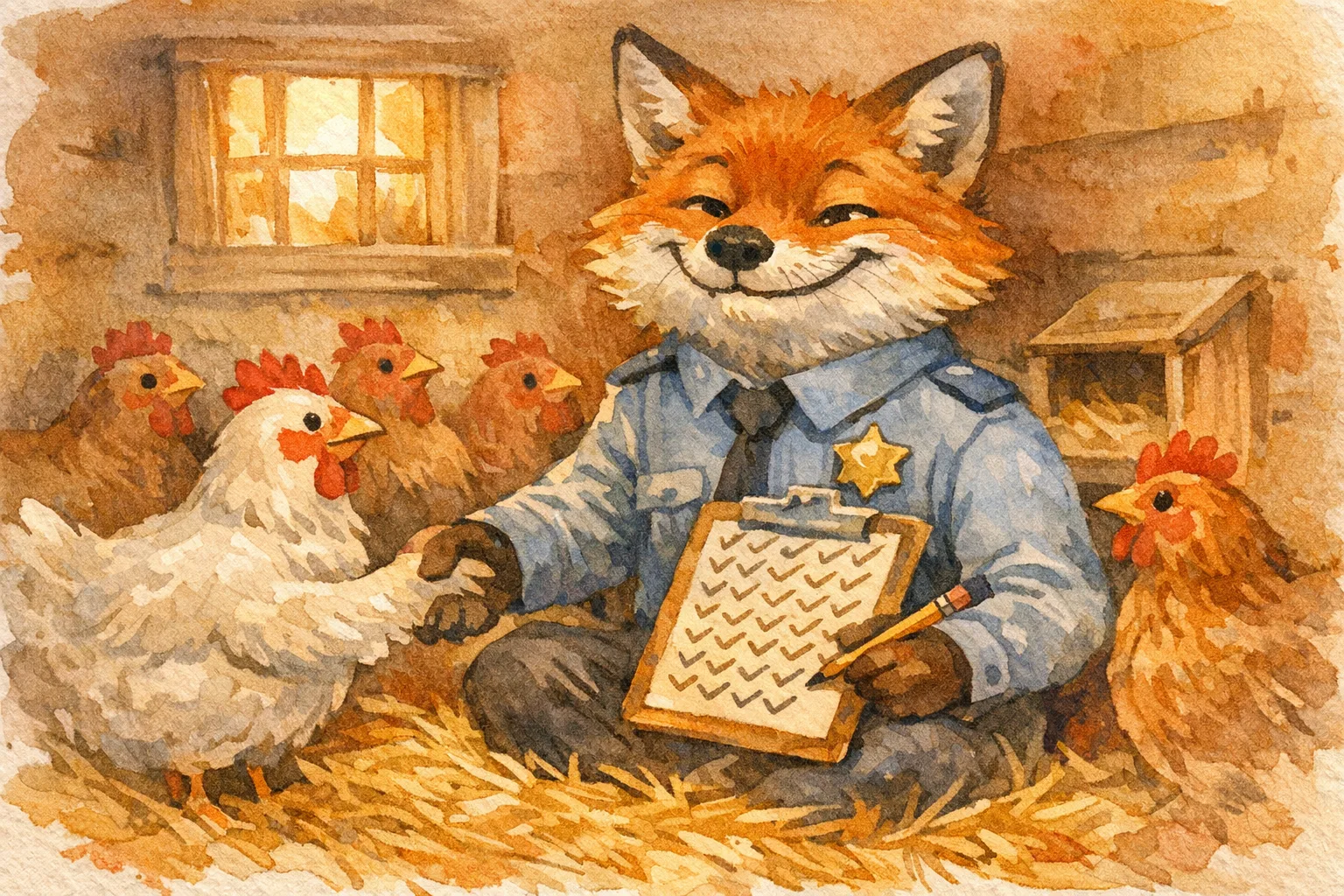 Watercolor illustration of a fox in a security guard uniform sitting inside a henhouse taking notes on a clipboard while hens look on approvingly