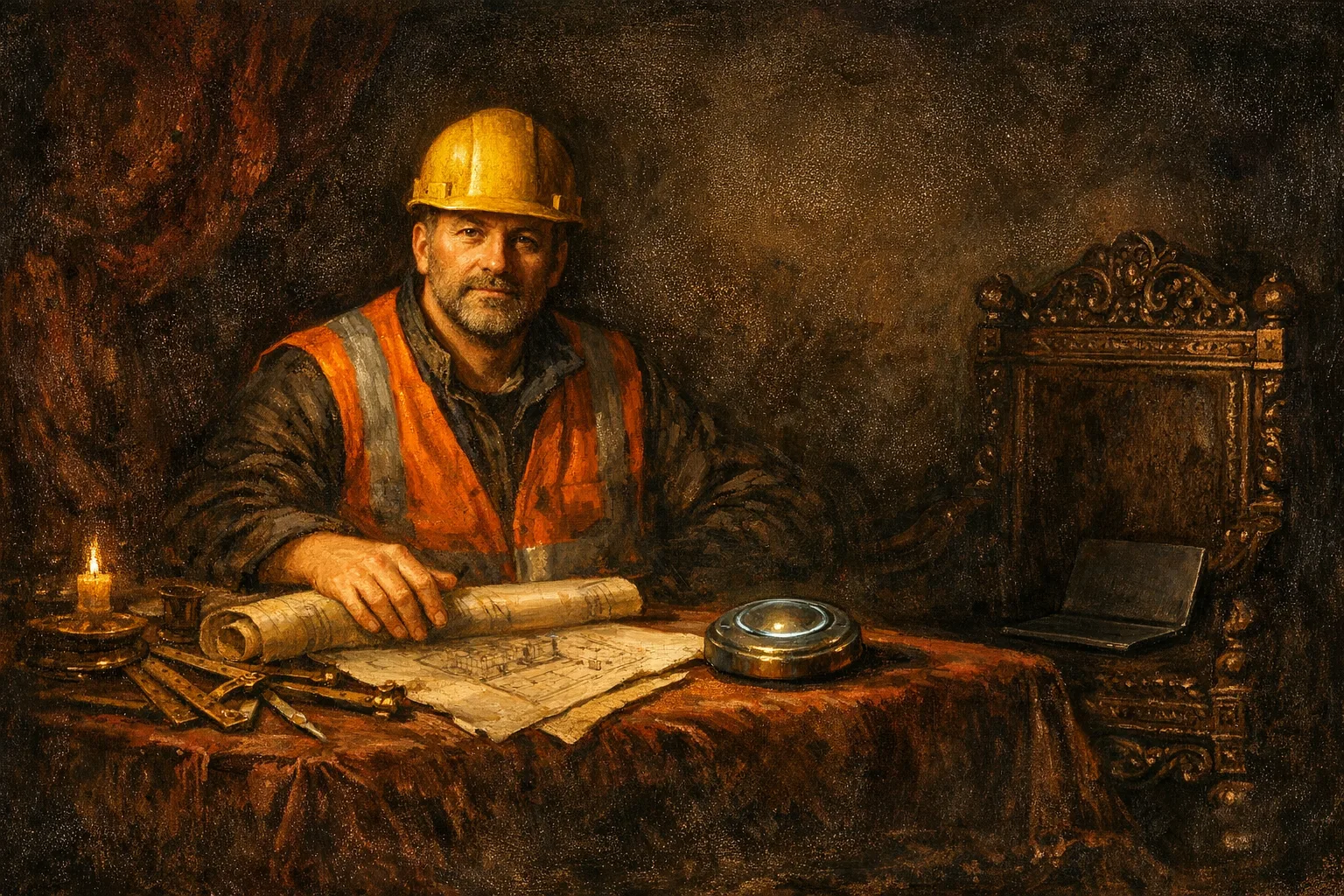 Baroque oil painting of a construction worker in a hard hat and safety vest seated at an ornate table with architectural drawings and glowing instruments, posed with scholarly dignity, while an empty chair with a closed laptop sits in shadow beside him