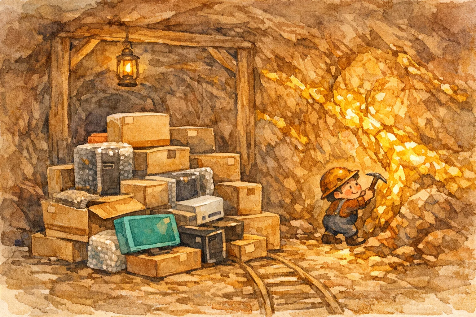 Watercolor illustration of a glowing underground mine tunnel with visible gold veins in the rock walls, a pile of unopened modern equipment boxes on the floor, and a single small worker using an old hand pickaxe to chip away at the gold, ignoring the new tools behind him