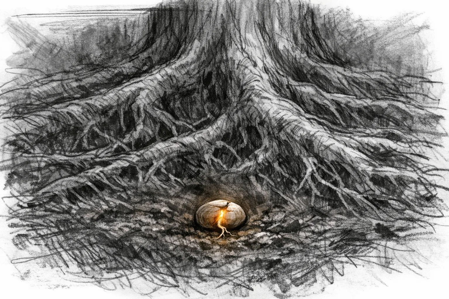 Expressive pencil and ink wash sketch of a small seed cracking open beneath the massive ancient root system of a giant tree, glowing faintly with warm amber light against cool grey shadows in dark soil