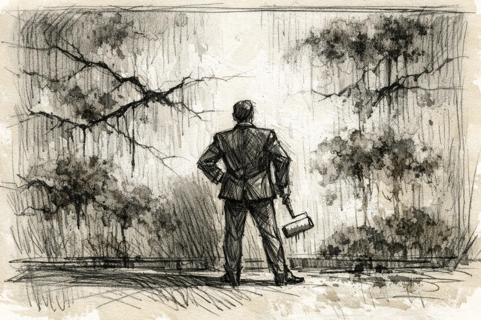 Expressive pencil and ink sketch of a business professional standing proudly before a freshly painted wall while mold and deep cracks bleed visibly through the new white paint beneath