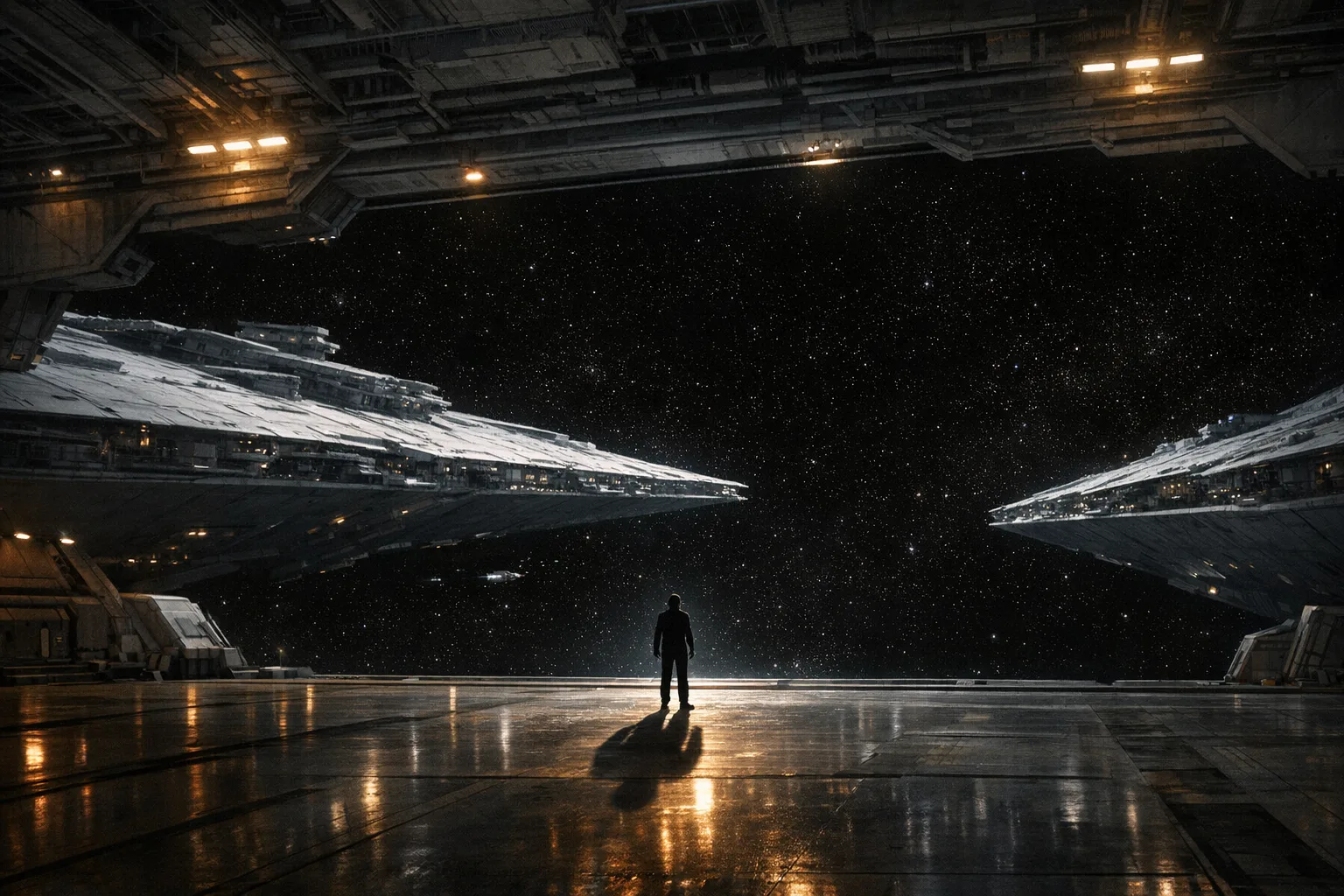 A lone silhouette stands at the open hangar bay of a massive Star Destroyer, looking out into empty space as the ship continues forward without them, dramatic cinematic lighting and deep shadows