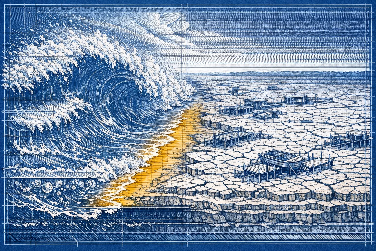 Technical blueprint-style cross-section illustration showing a massive wave crashing onto a single narrow beach while a vast surrounding coastline remains completely dry and cracked, with abandoned dock structures and skeletal vessels visible in precise engineering drafting style