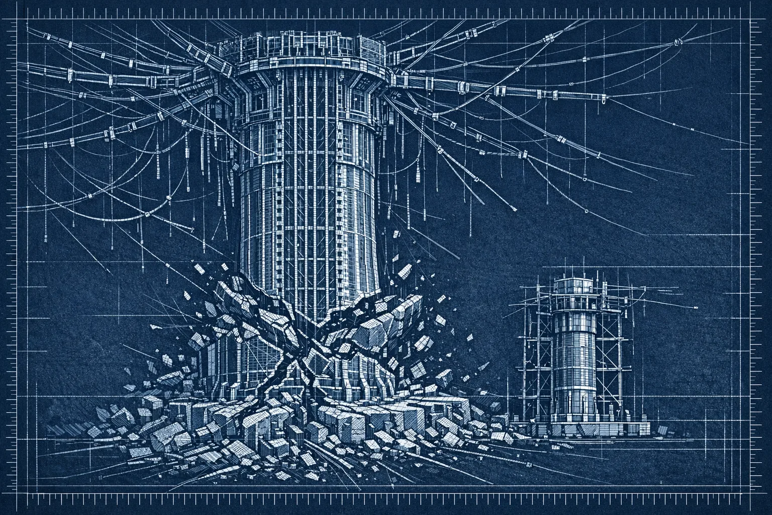 Technical blueprint cross-section illustration showing a massive structural column fractured at its base with dozens of severed connection lines, next to a much smaller replacement column under construction, depicting catastrophic scale mismatch in structural support systems