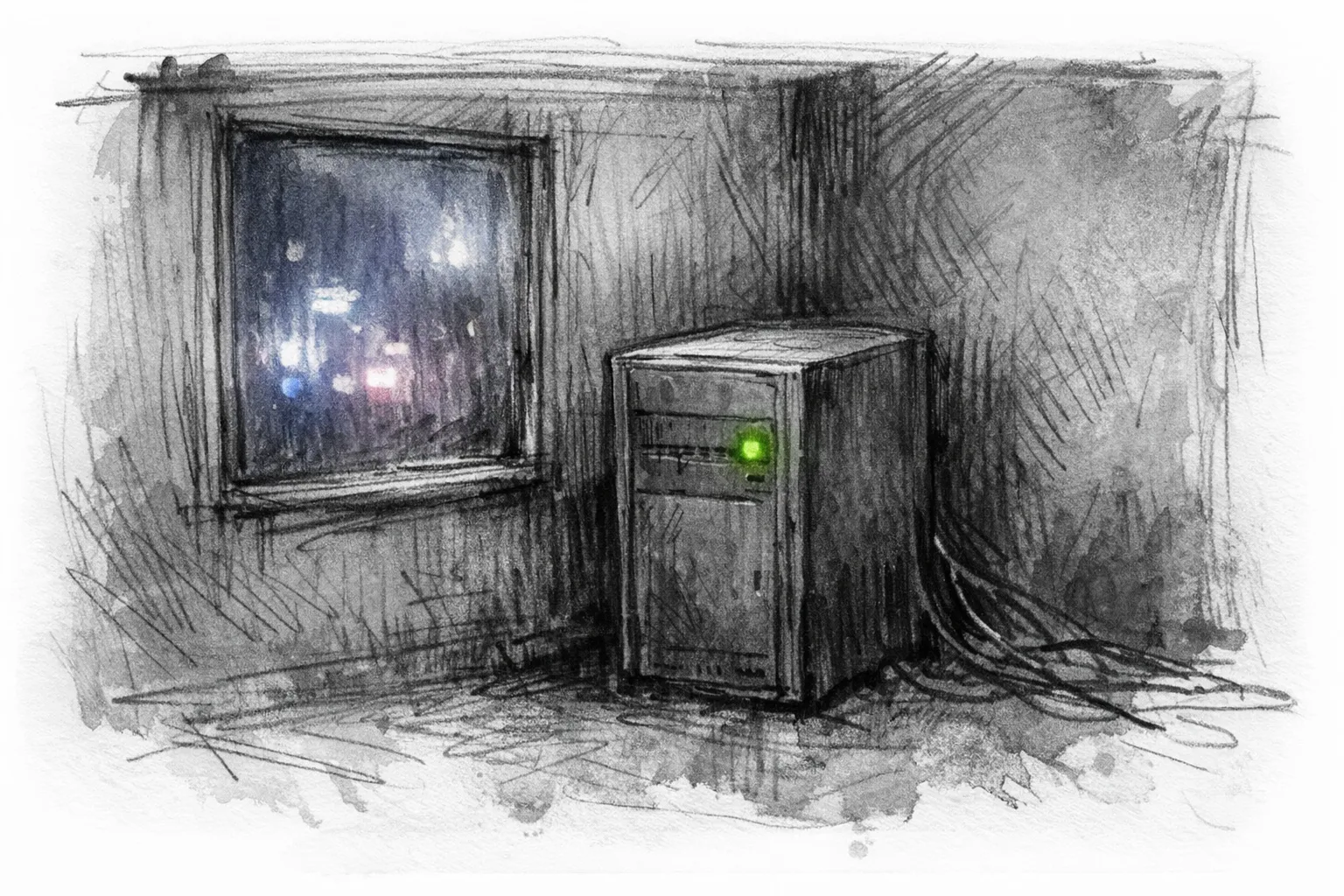 Expressive pencil and ink wash sketch of an old server tower glowing with a single green light in a dim corner room, with a neon cityscape visible through a foggy window behind it