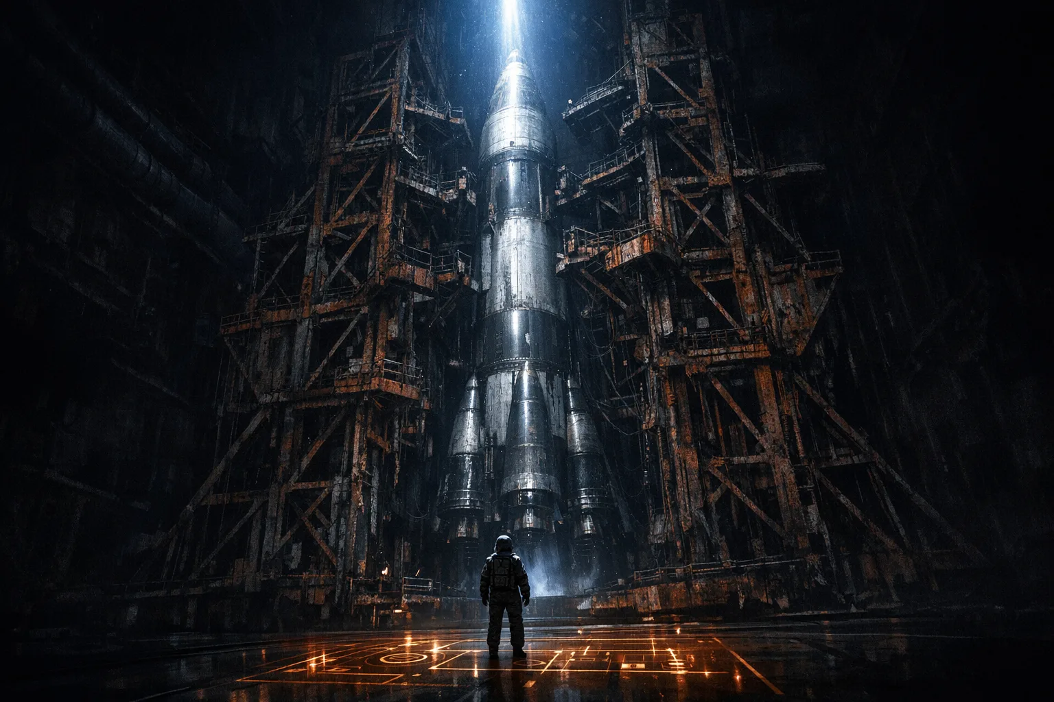A lone figure in a flight suit stands at the base of a massive rusted rocket test stand inside a vast dark industrial facility, illuminated by a dramatic shaft of blue-white light from above, with a glowing holographic interface projected on the floor below