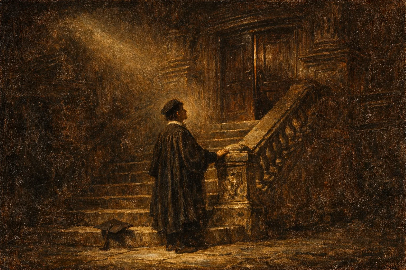 Baroque oil painting of a young figure in academic robes standing at the base of a grand stone staircase, looking up toward a heavy door at the top that is nearly closed, with a narrow beam of warm amber light cutting through deep dramatic shadows
