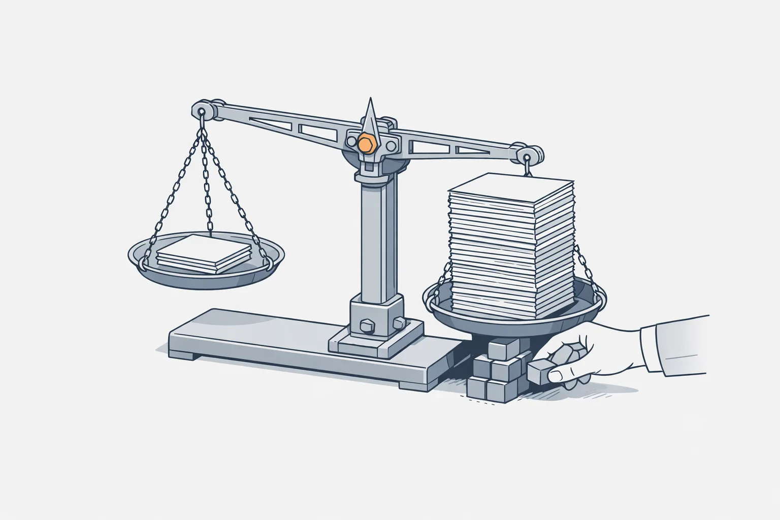 Technical illustration of a balance scale with a small document stack on one side and a larger stack on the other, with hidden weights being added beneath the heavier pan from below