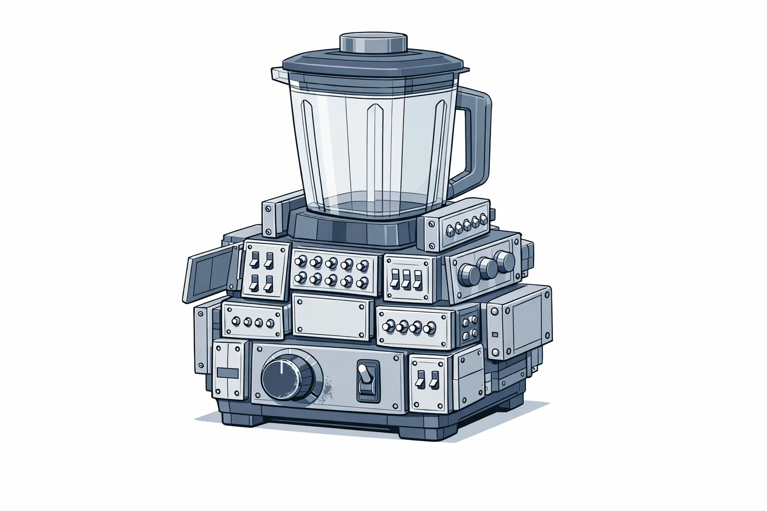 Technical illustration of an industrial blender covered in excessive control panels, switches, and modular attachments, with only two controls showing signs of use, rendered in a clean minimal line-art style on a white background