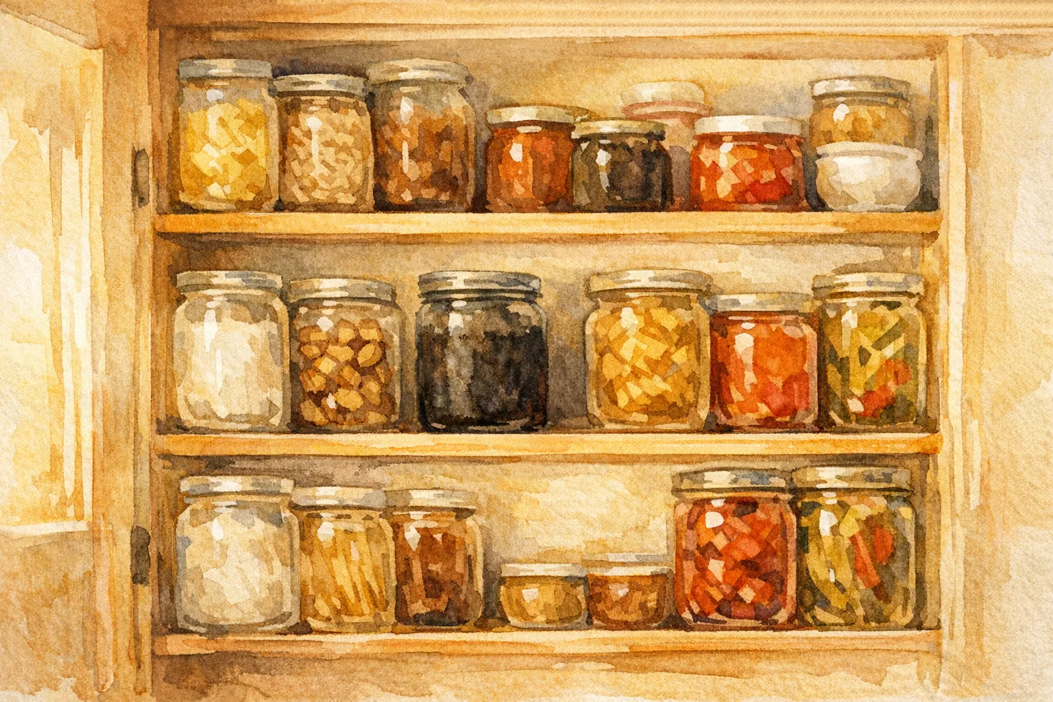 Watercolor illustration of a cozy kitchen pantry with neatly organized jars and cans on wooden shelves, one jar filled with a dark mismatched substance that blends into the otherwise orderly scene