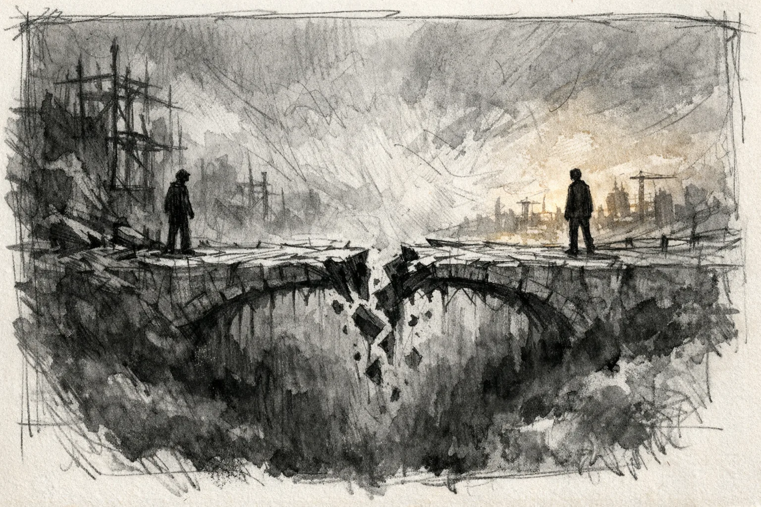 Sketch illustration of two figures on opposite ends of a cracking bridge over a foggy chasm, one side showing abandoned structures and the other a faintly lit horizon under construction