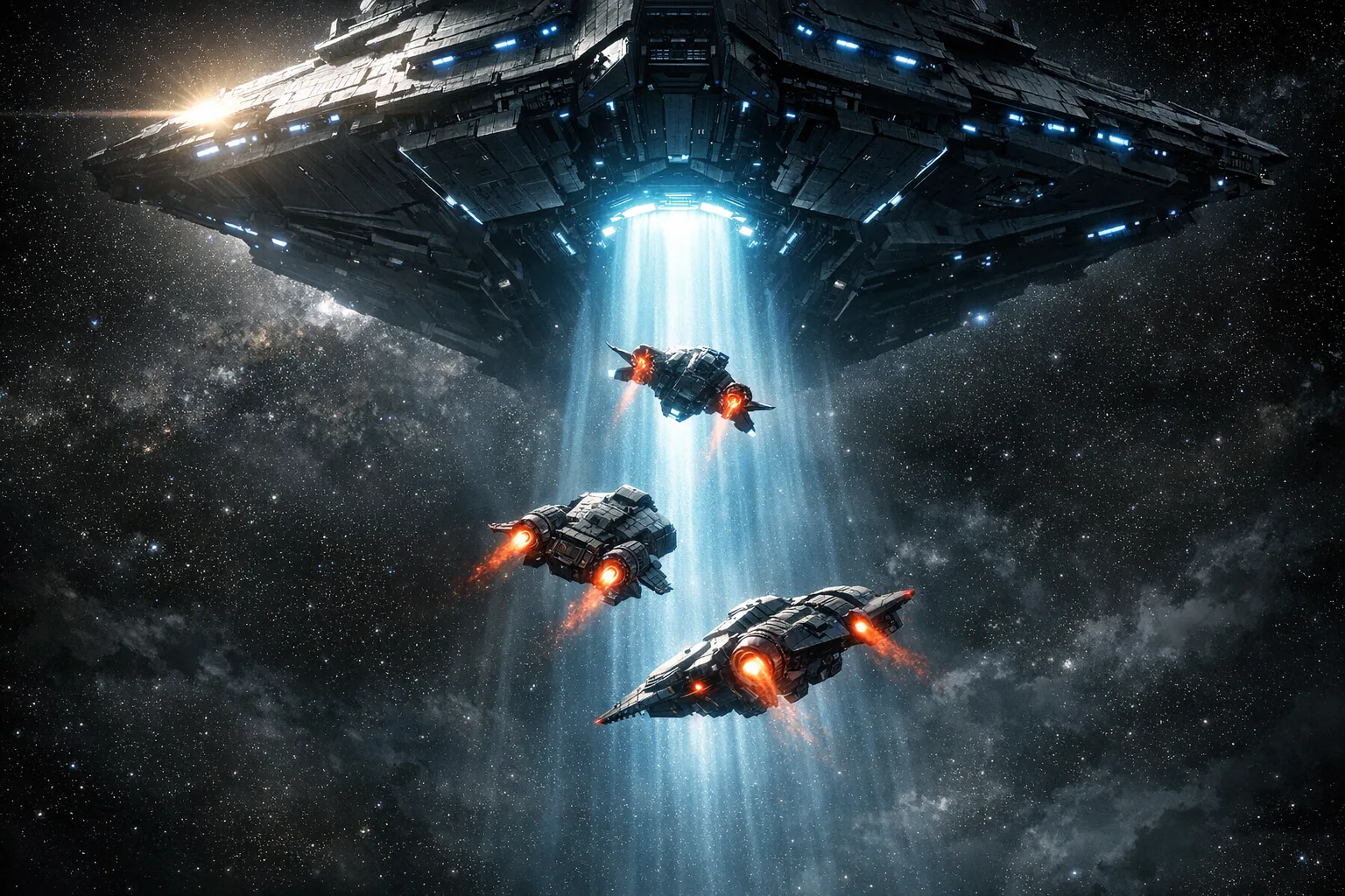 Cinematic concept art showing a massive dark warship holding three smaller spacecraft immobile in a tractor beam against deep space, dramatic blue and orange lighting, epic scale composition illustrating inescapable technological lock-in