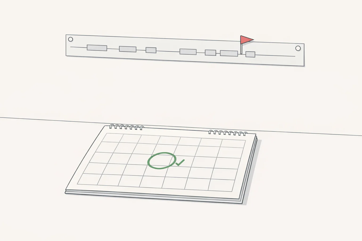 Illustration of a desk calendar with an approved date marked in green beside a wall-mounted project timeline showing the same date flagged in red, representing disconnected leave approval and project scheduling systems