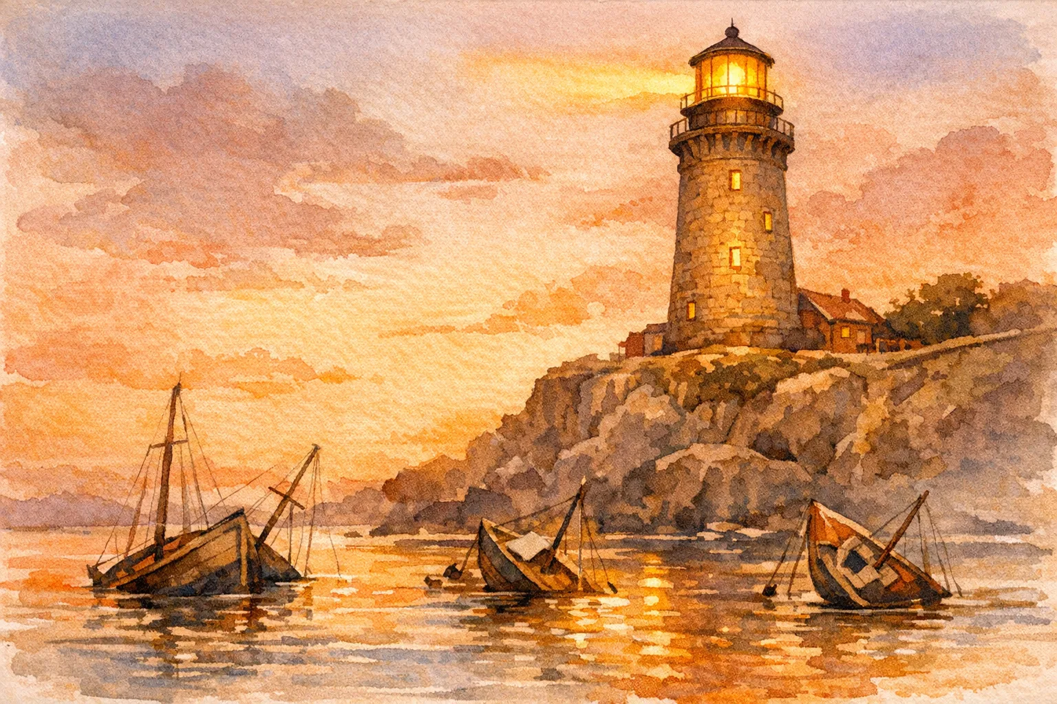 Watercolor illustration of a glowing lighthouse on a rocky cliff at golden hour while small sailboats quietly sink in the calm harbor below
