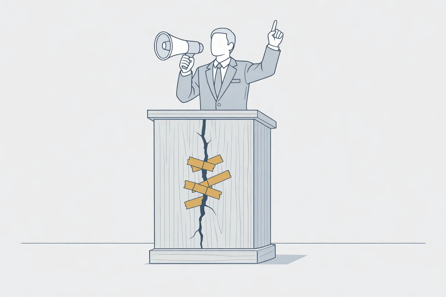 Minimal technical illustration of a business figure at a cracked podium patched with tape, gesturing confidently upward with a megaphone