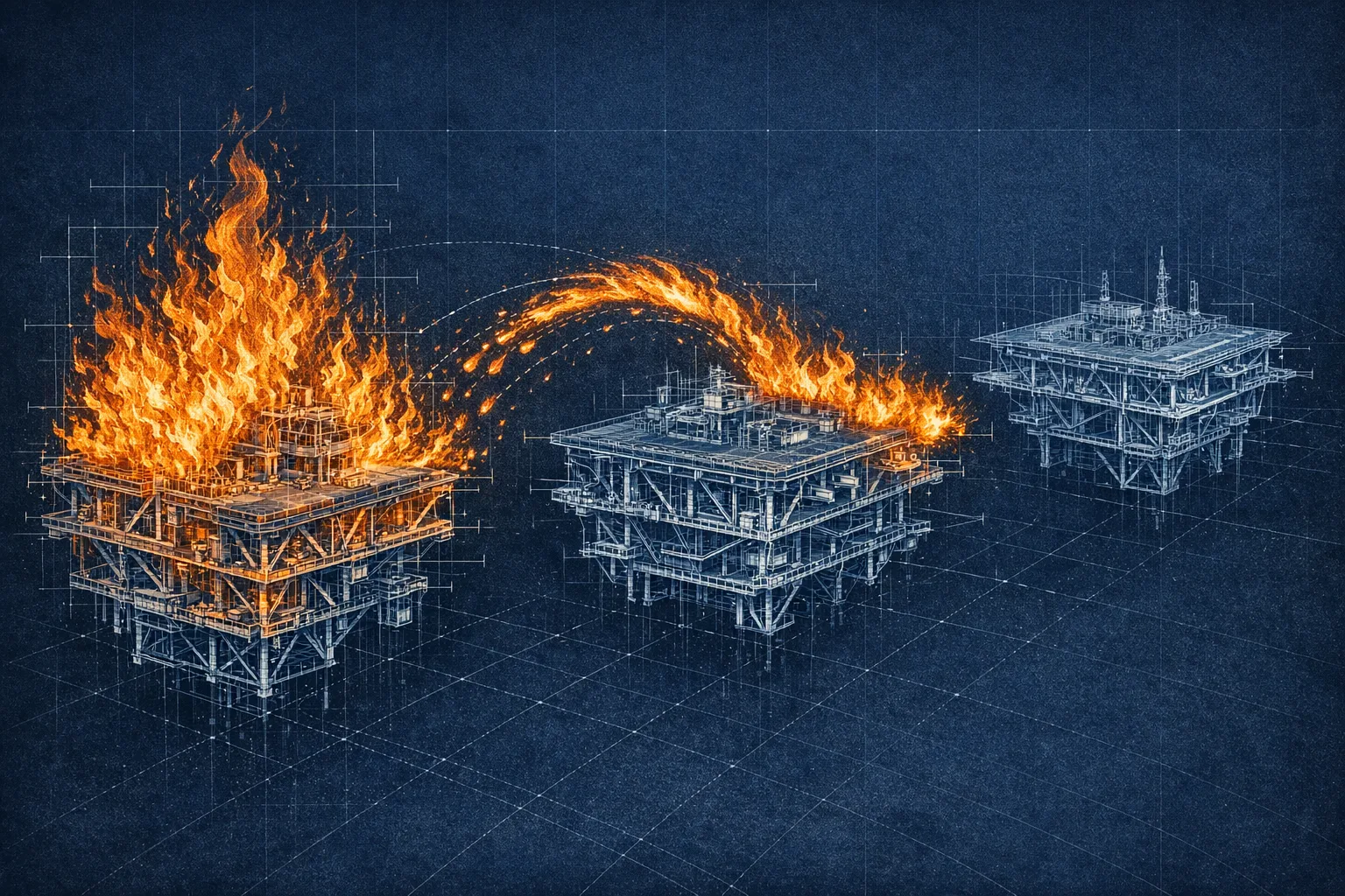 Technical blueprint illustration showing three architectural platform structures in dark void space, the first fully consumed by precisely rendered flames while fire leaps mid-arc toward the second platform, depicting financial contagion spreading between market sectors