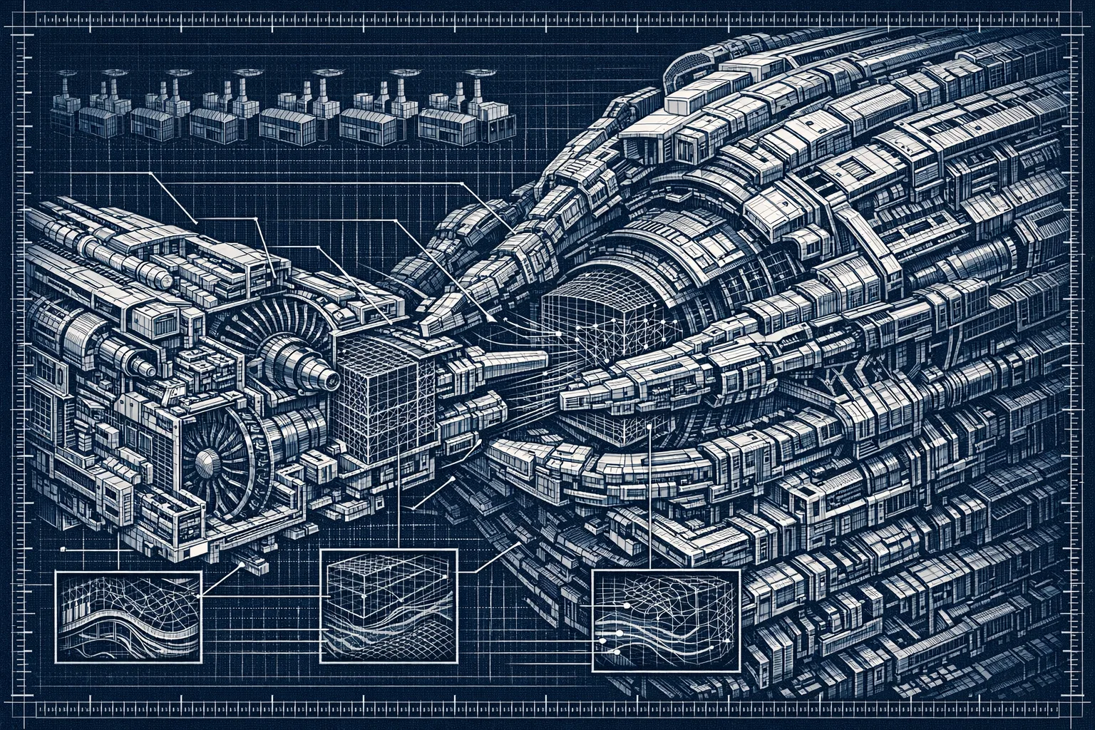Technical blueprint cross-section illustration showing two complex industrial machines merging together in isometric view, with smaller factory silhouettes in the background facing away from the merger, rendered in precise NASA-style drafting linework with exploded component views and internal simulation grid details