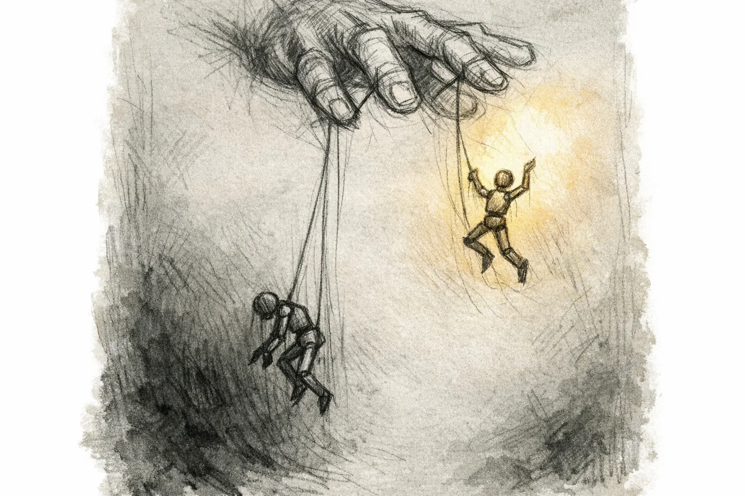 Expressive pencil and ink sketch of a single hand holding two marionette strings pulling puppet figures in opposite directions, one downward into shadow and one upward into light