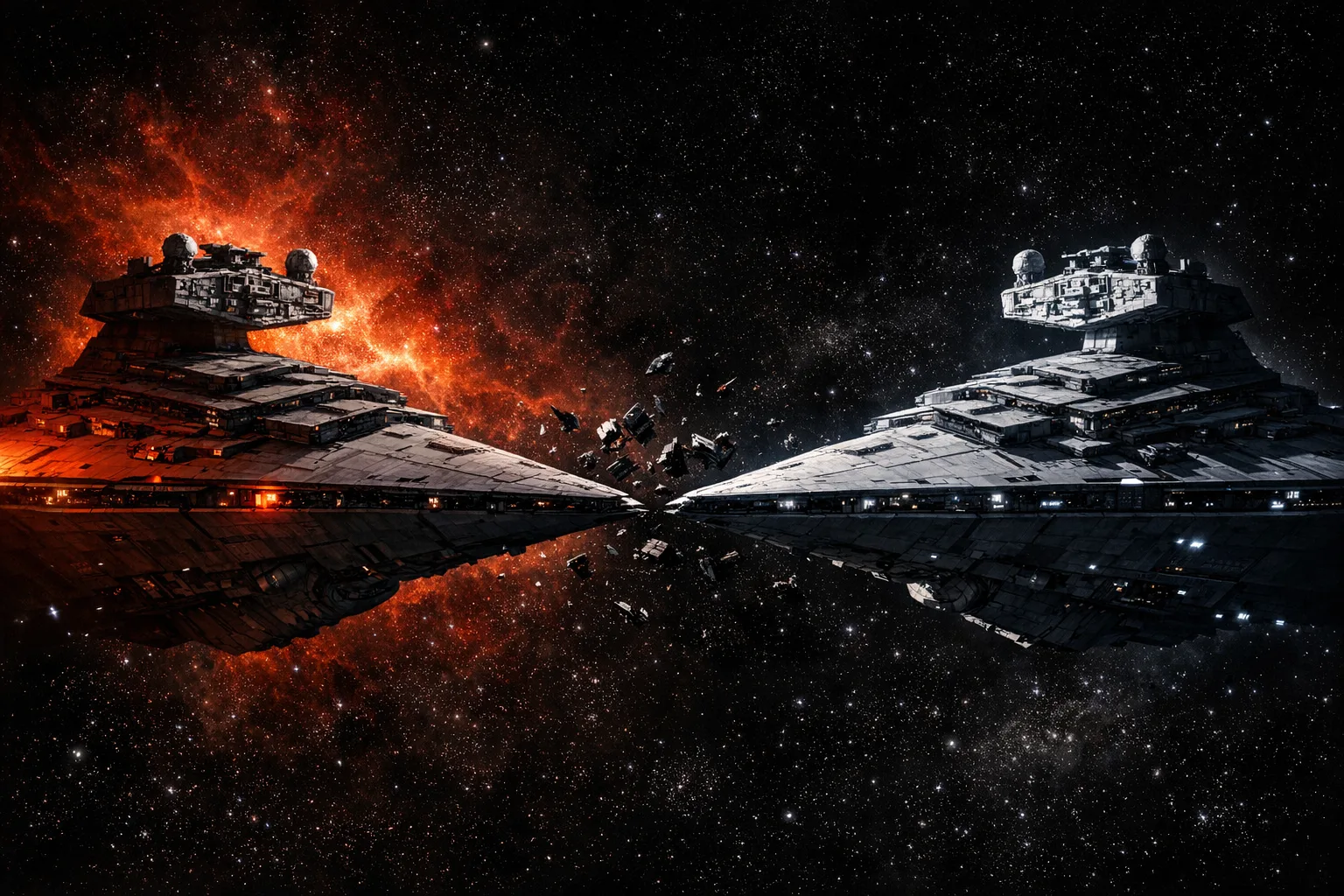 Two massive Star Destroyer warships facing each other in a tense standoff in deep space, dramatically lit by a red and orange nebula, representing internal conflict between departments during a software audit