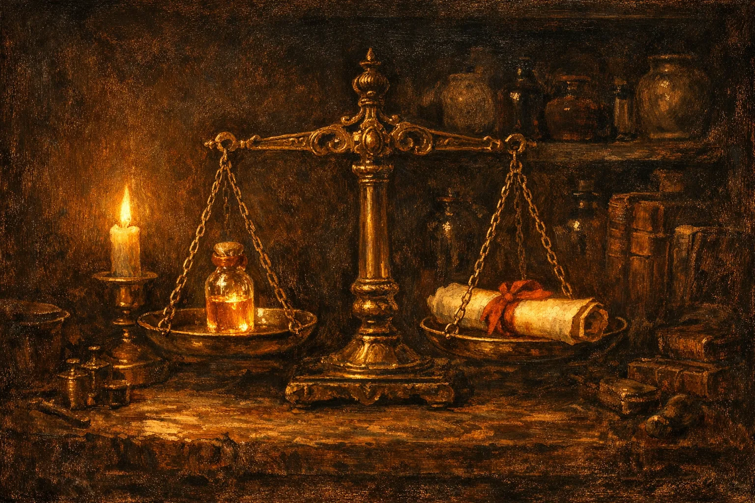 Baroque oil painting of a brass apothecary balance scale on a dark wooden workbench, with a glowing glass medicine vial on one side and a glowing parchment scroll on the other, lit by a single candle in Rembrandt chiaroscuro style