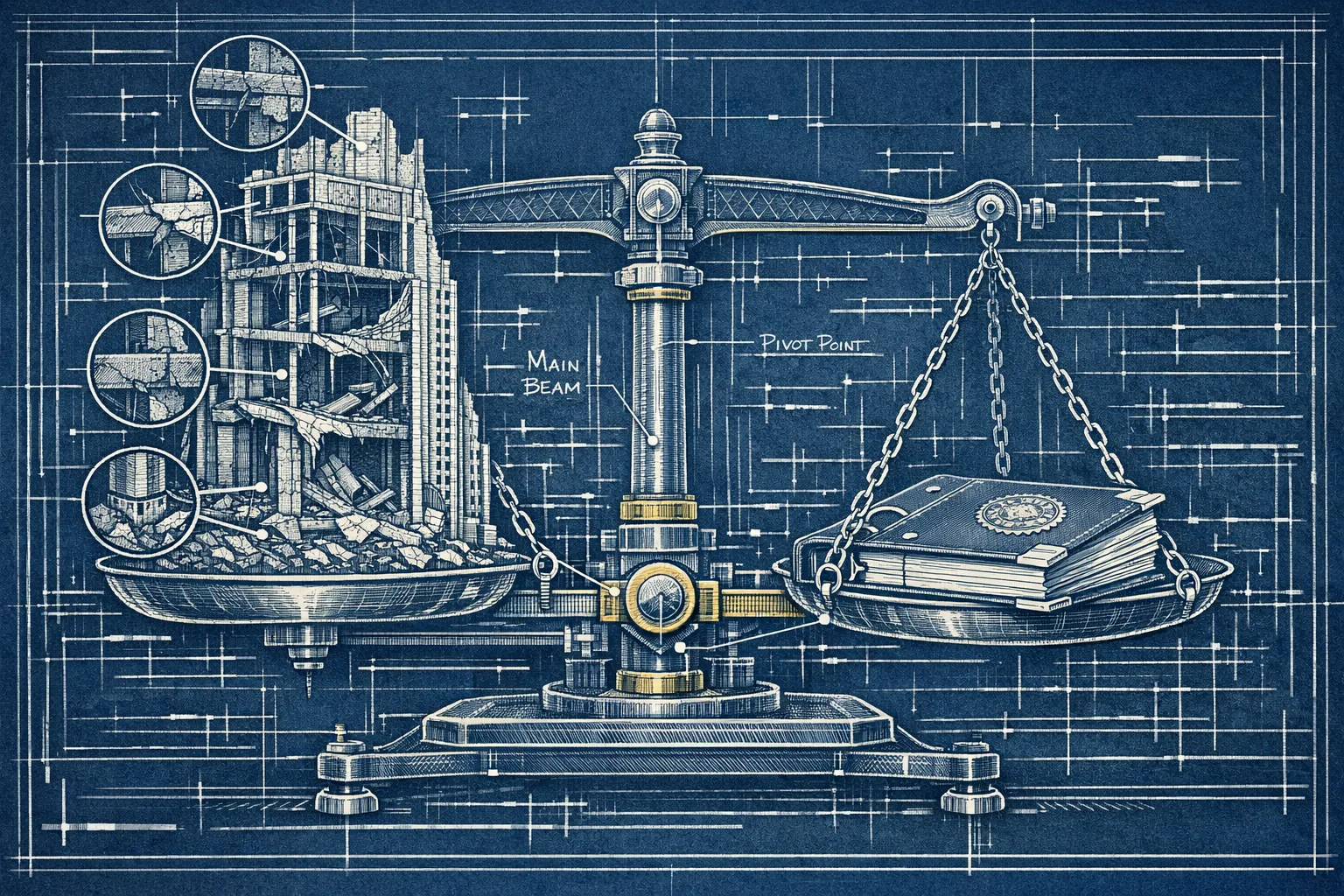 Technical blueprint cross-section illustration of a balance scale with a crumbling corporate skyscraper on one side and a single contract document on the other, the document side visibly outweighing the tower, rendered in precise engineering diagram style on navy drafting paper