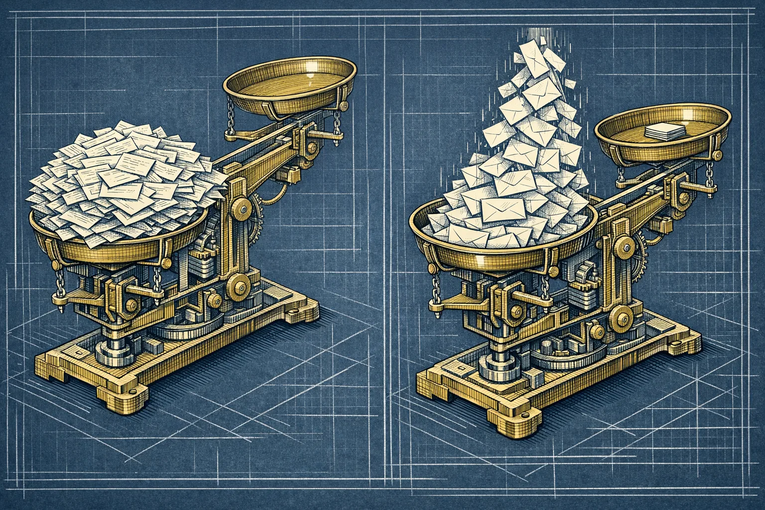 Technical blueprint illustration of two antique balance scales side by side, one weighted down by an overflow of contact cards with the opposite pan raised high, the other tipping under a cascade of sealed envelopes, rendered in precise cross-section engineering drawing style