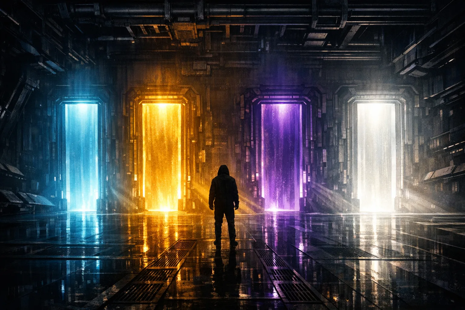 Silhouetted figure standing before multiple glowing doorways in a dramatic dark space station corridor, representing the decision between Canva pricing tiers