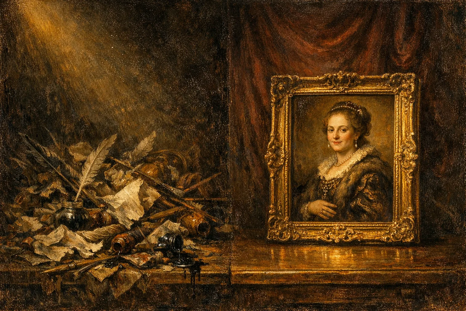 Baroque oil painting showing a cluttered chaotic design workspace on one side of a table contrasted with a finished polished portrait in an ornate gilded frame on the other side, illuminated by warm Rembrandt candlelight