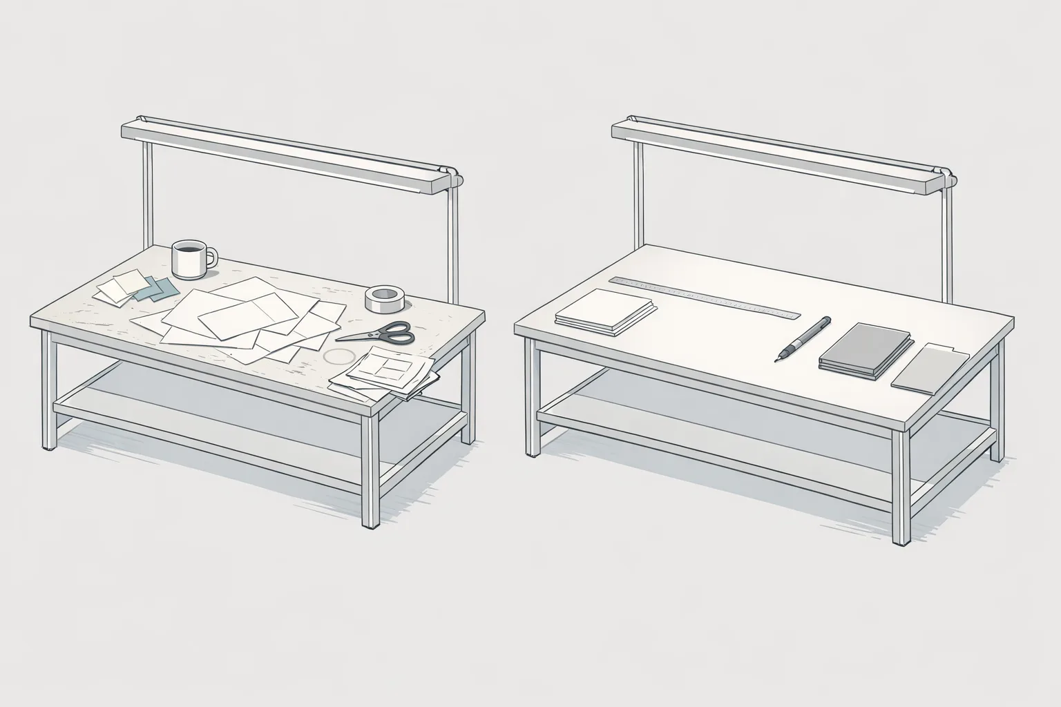 Minimal technical illustration of two workbenches side by side, one casually active with overlapping templates and everyday tools, the other neatly arranged with precise instruments, representing two different design tool approaches