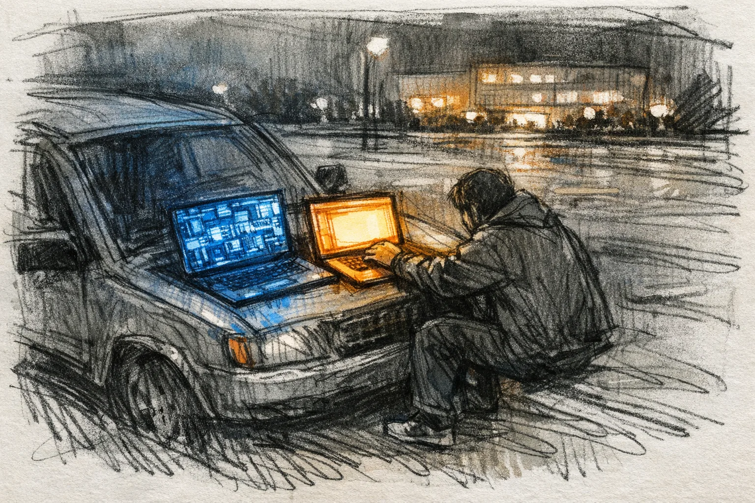 Sketch illustration of a person sitting in a parked car at night with two laptops open on the hood, one showing a complex chaotic interface and one showing a clean simple layout, representing the decision between two different design tools