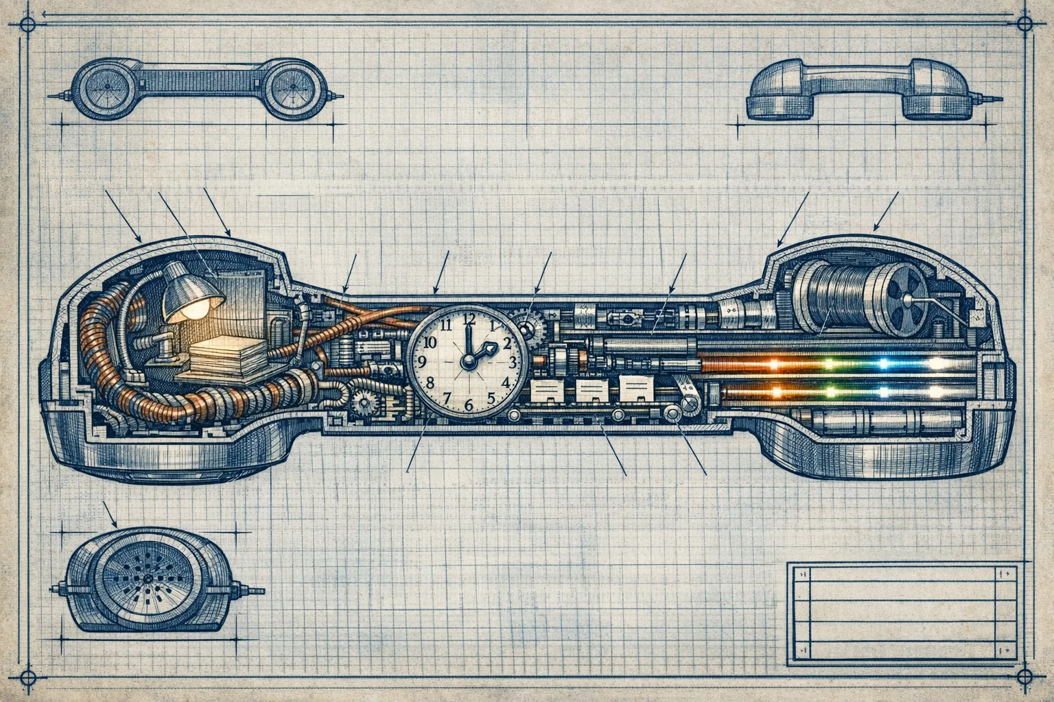 Technical blueprint cross-section illustration of a telephone handset showing internal call routing components, automated dialing mechanisms, signal pathways for voice SMS and email, and a miniature contact card conveyor system rendered in the style of a detailed engineering patent drawing