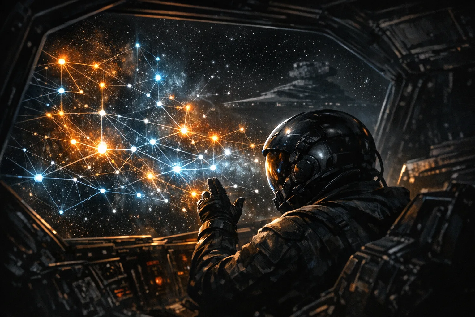 A fighter pilot in a dark cockpit studying a glowing holographic star map with branching connection paths, a star destroyer silhouette visible through the window against deep space