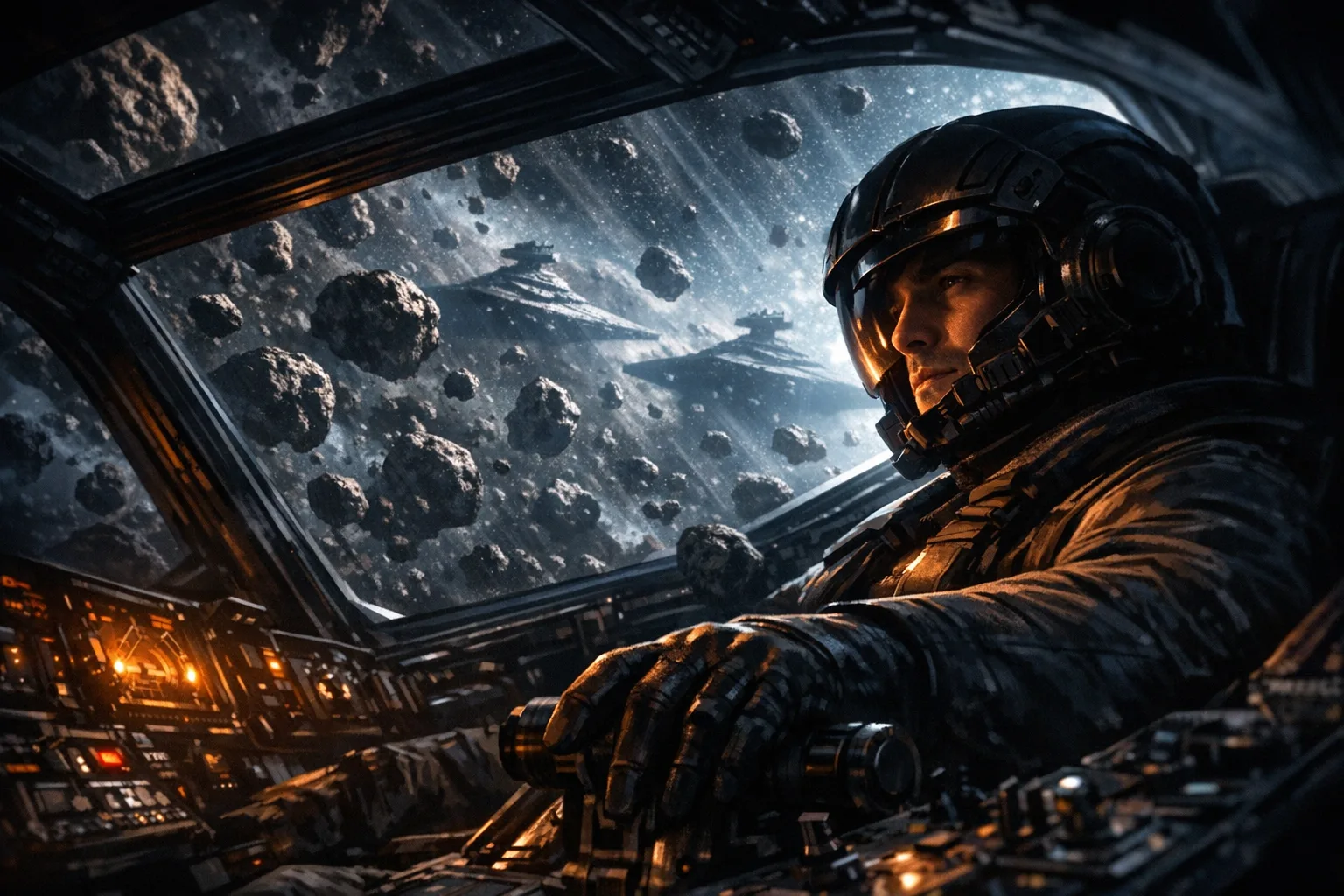 Cinematic sci-fi illustration of a lone fighter pilot in a glowing cockpit navigating a dramatic asteroid field with distant space vessels visible through the viewport