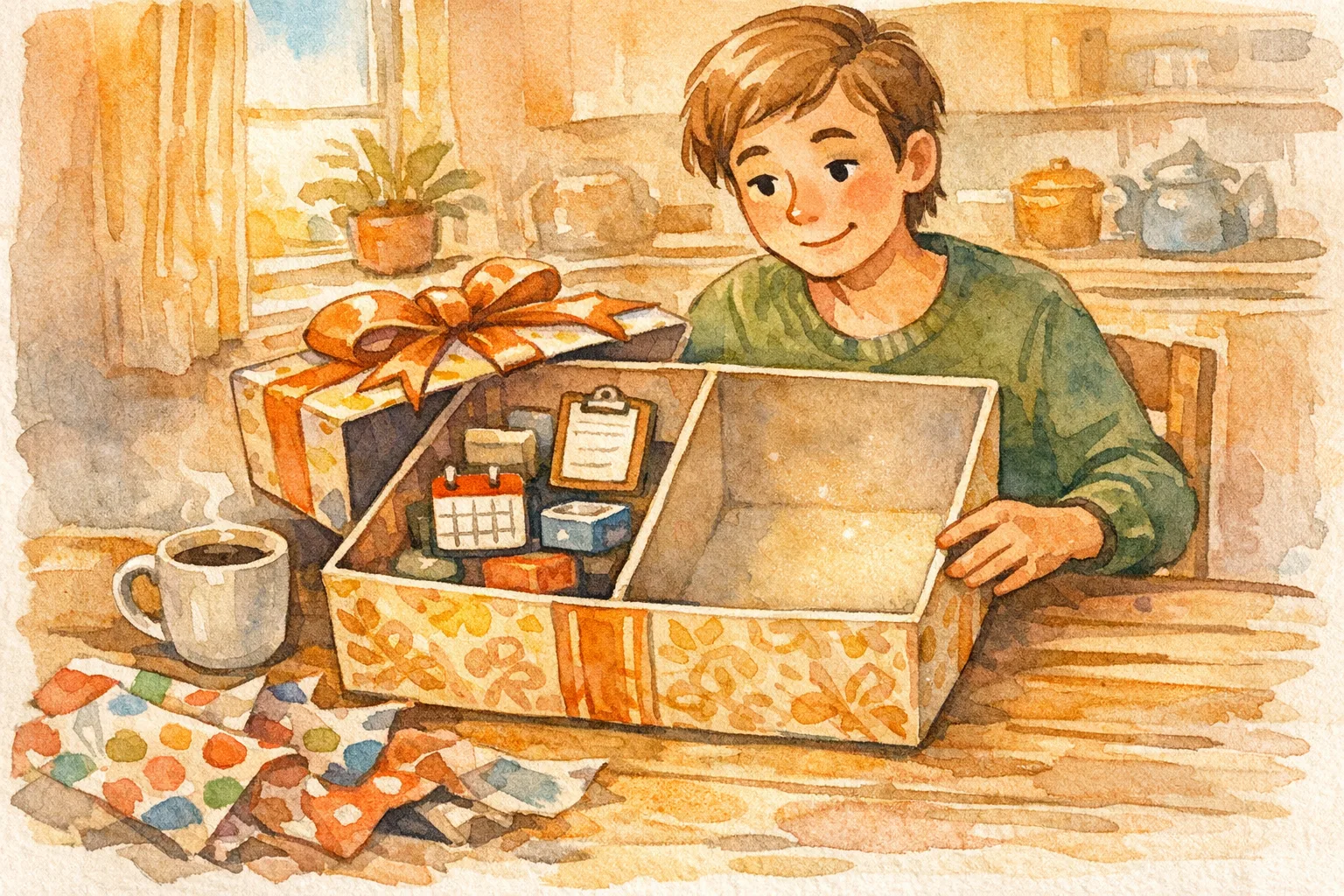 Watercolor illustration of a person opening a half-empty decorative gift box at a kitchen table, looking mildly puzzled, with warm morning light and a coffee cup nearby