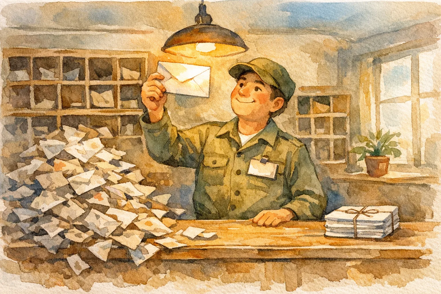 Watercolor illustration of a postal worker holding a glowing verified envelope up to the light while a pile of rejected crumpled envelopes sits discarded on a wooden sorting table, representing accurate email verification versus wasted contacts