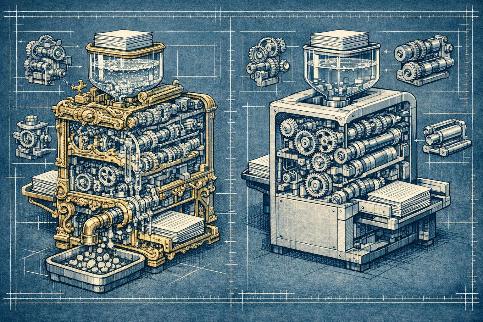Technical blueprint cross-section illustration comparing two document processing machines, one ornate and resource-draining, one clean and efficient, representing the cost and functionality difference between PDF editor software options